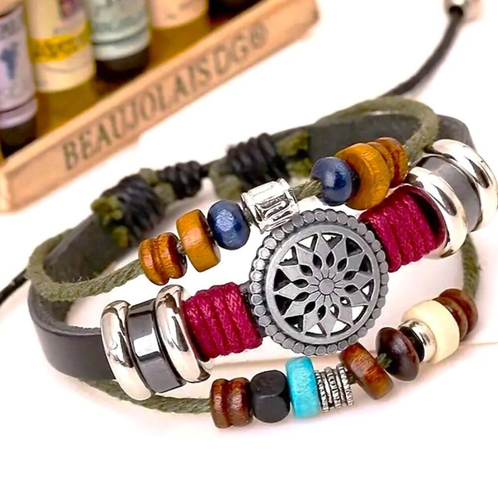 Leather Bracelet Cuff Wist Bangle Layered Boho Red or Black Trendy Stylish Boho